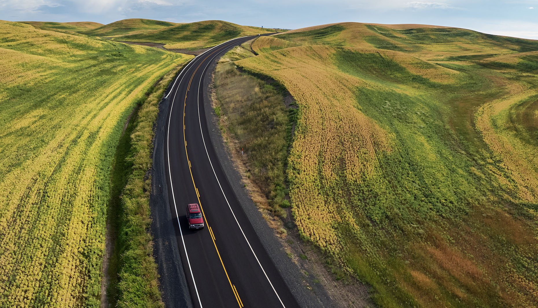 Drone aerial, road,  Palouse Valley, Washington State